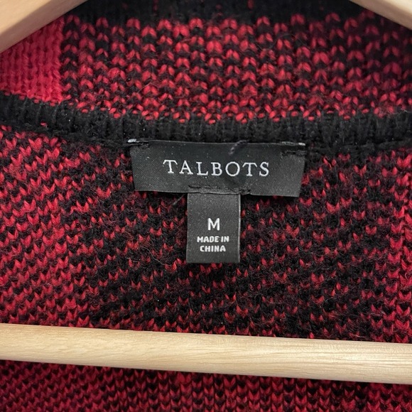 Talbots Cardigan Red Black Buffalo Plaid Long‎ Cotton Blend Pockets Womens M - Picture 3 of 6